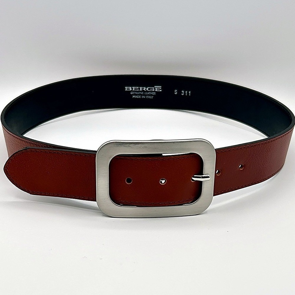 90s BERGE Italy Red Leather Designer Belt Brushed Silver Buckle Size S Style 311